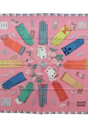 HERMES Carre 90 Scarf ""L'Heure des Gants"" Silk Pink Auth LNZ365SAM